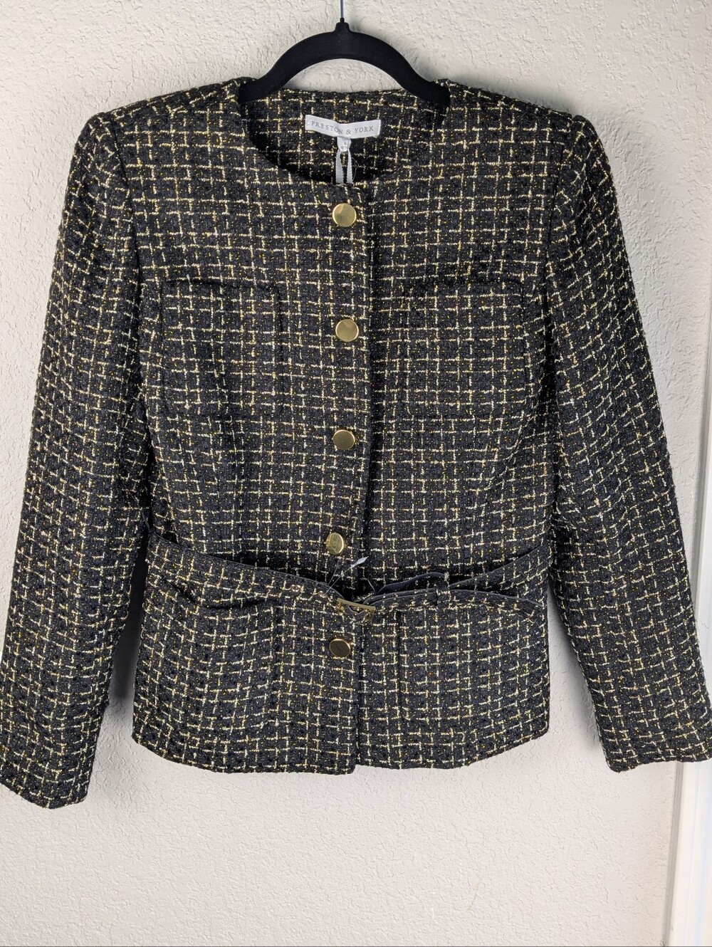 NWT Preston & York Tweed Blazer Size 6 Black Gold Belted Shoulder Pads Office